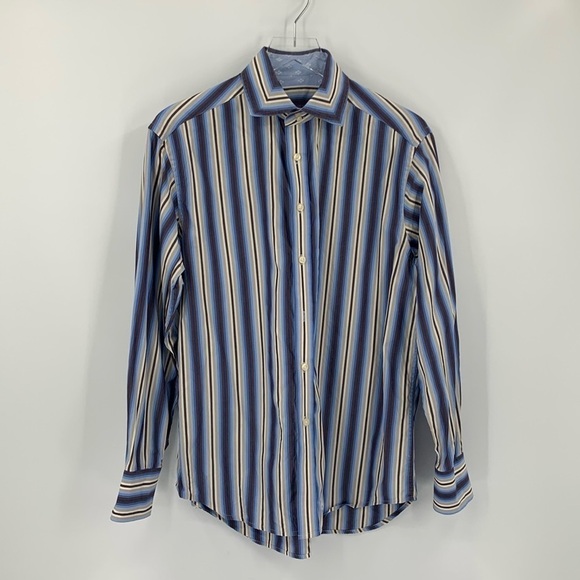 Robert Graham blue brown stripe men shirt button cotton flip cuff Medium M - Picture 1 of 7